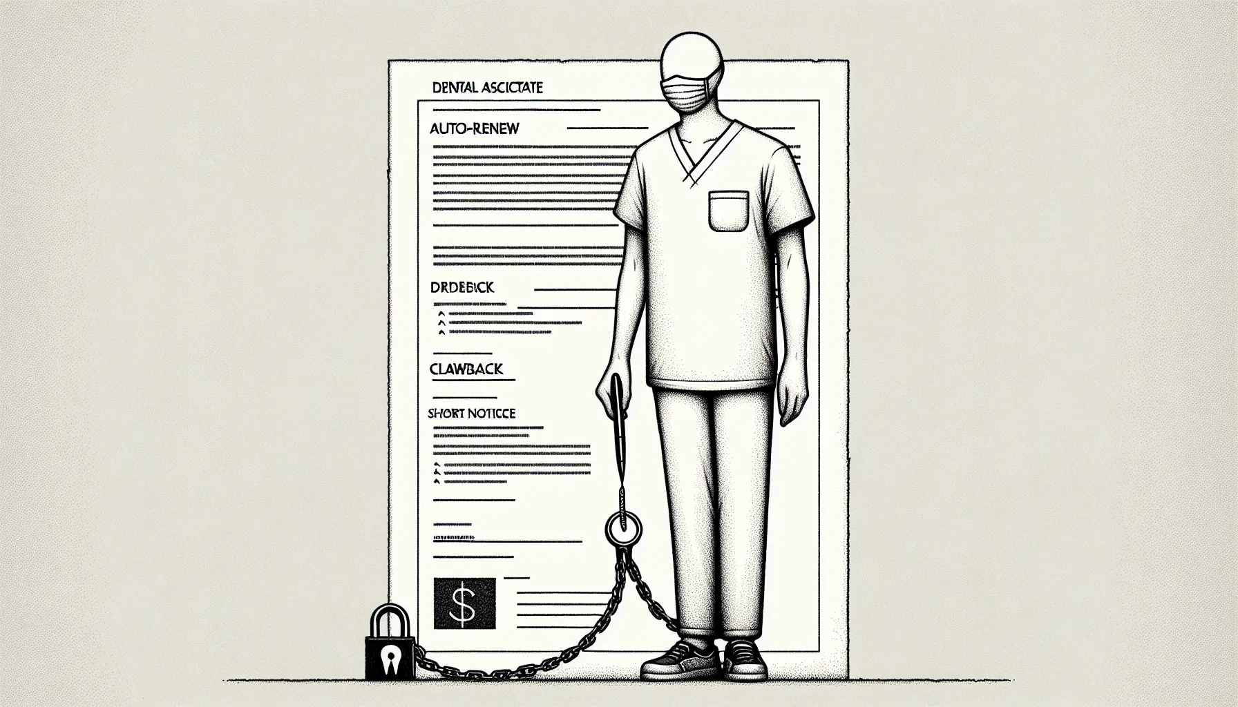 A dental associate bound by a contract strip with lock, calendar, and dollar claw.