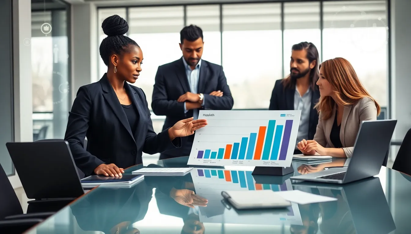 diverse professionals discussing health information in a modern office.