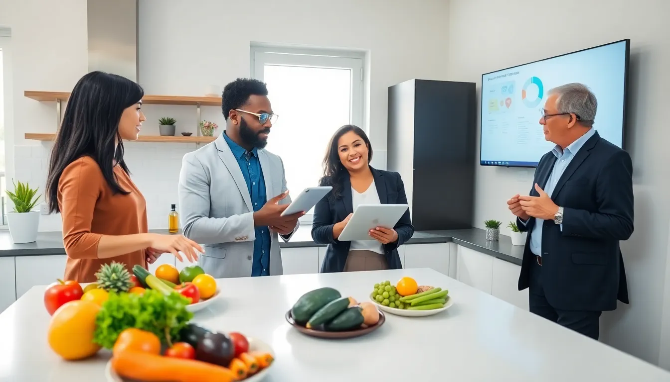 professionals discussing the latest diet trends in a modern kitchen.