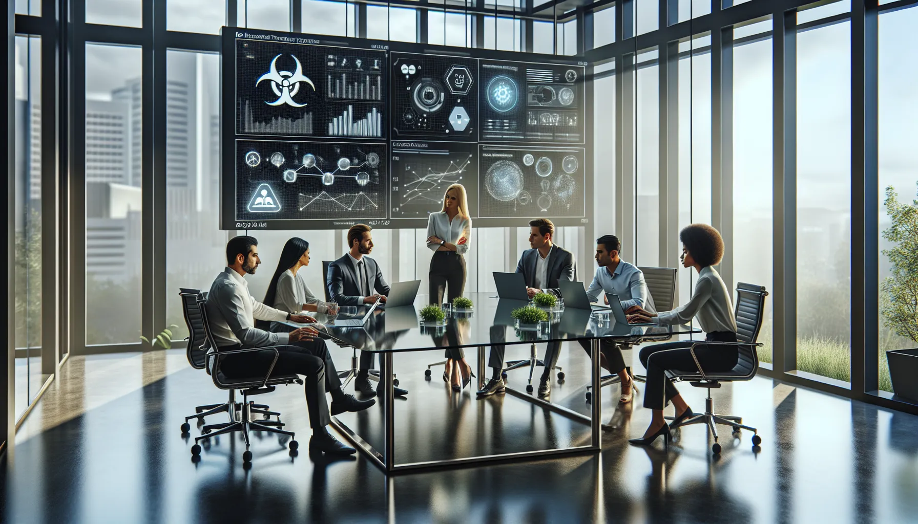 diverse team discussing biohazard technology trends in a modern office.