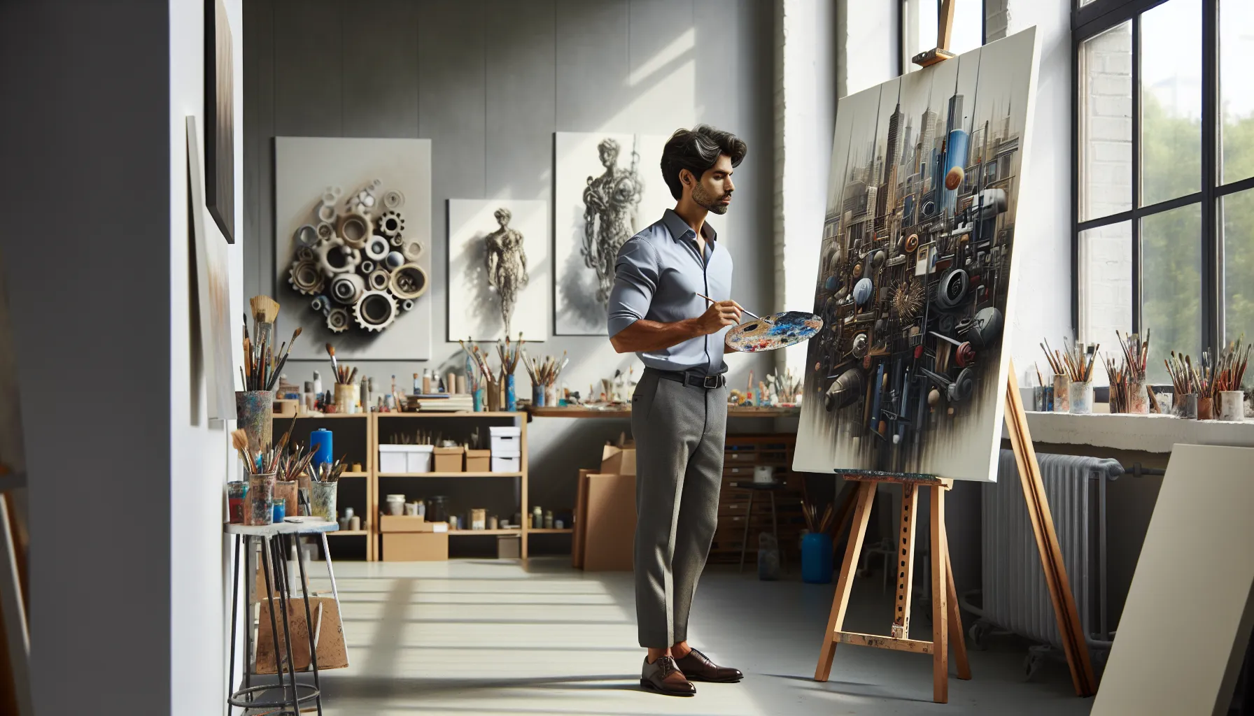 artist analyzing a canvas in a bright studio setting.