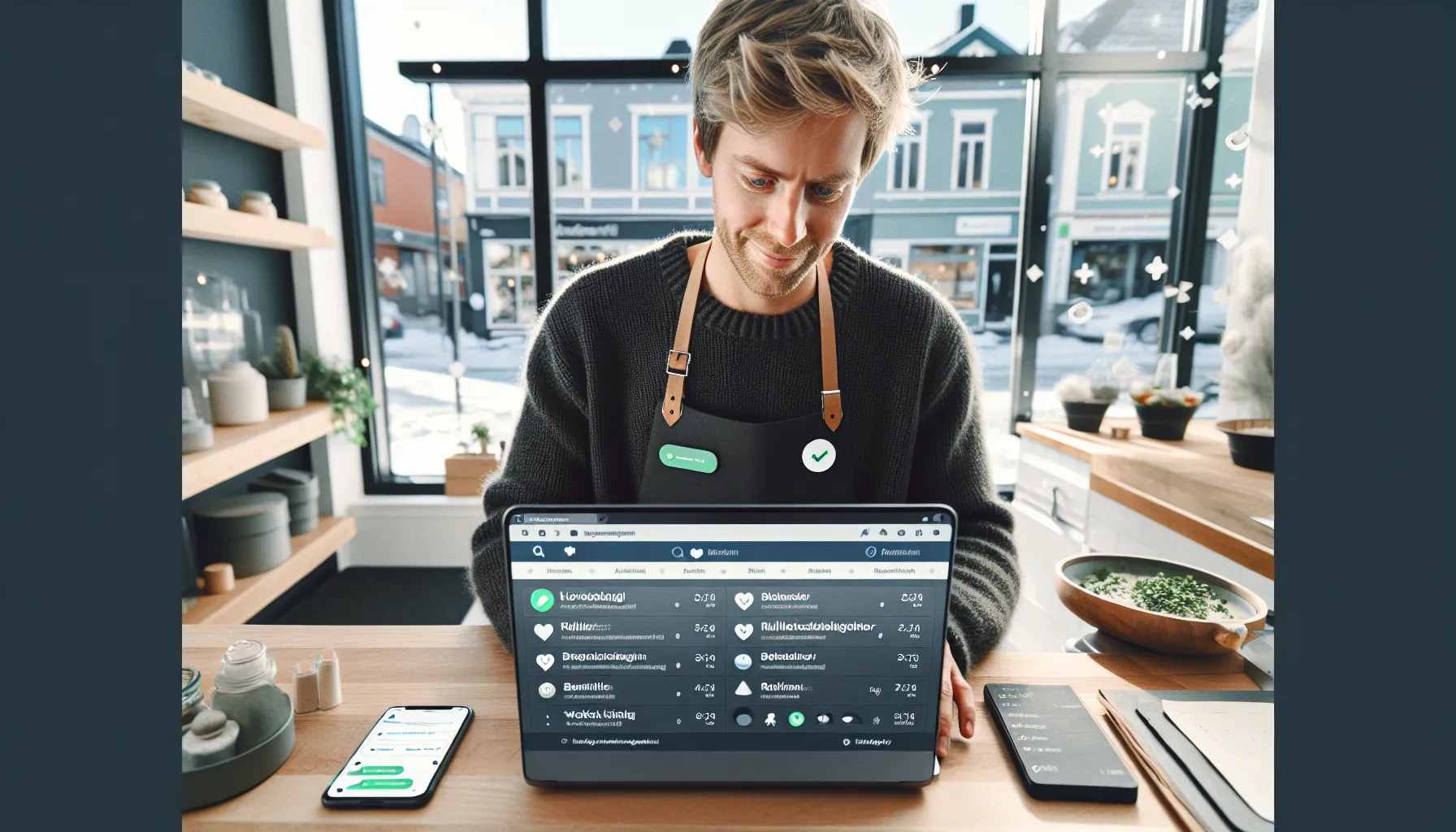 Norwegian shop owner updating a business profile dashboard on a laptop.