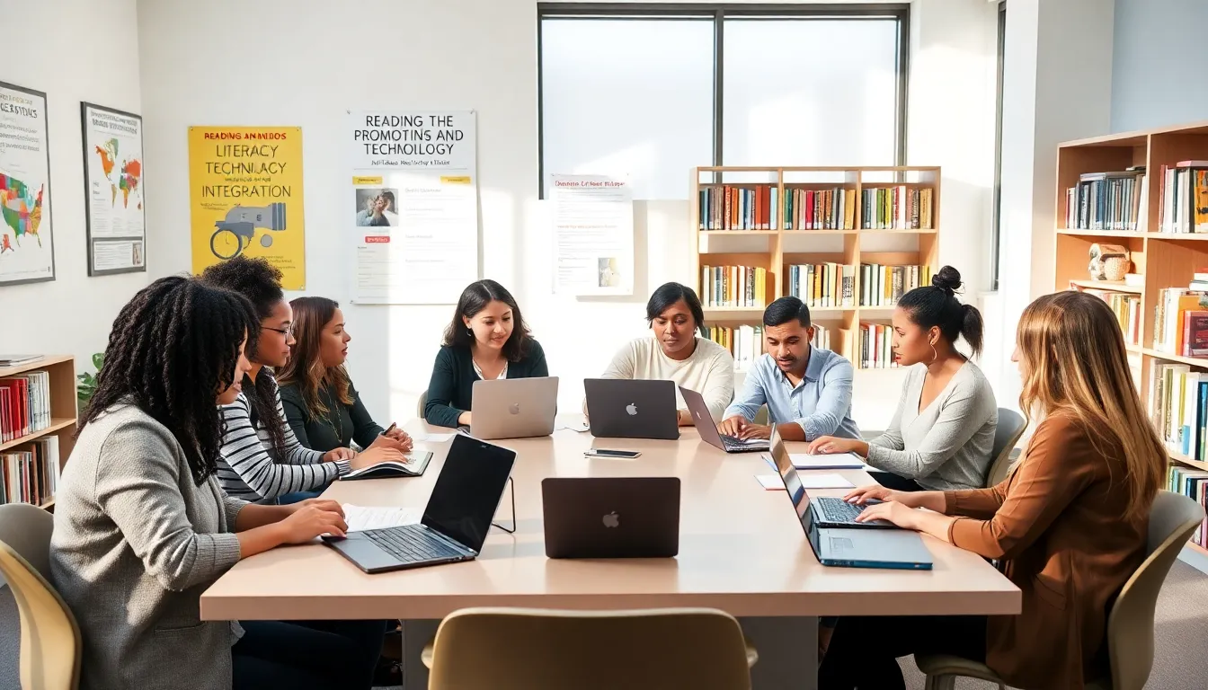 diverse educators collaborating in a modern classroom setting.