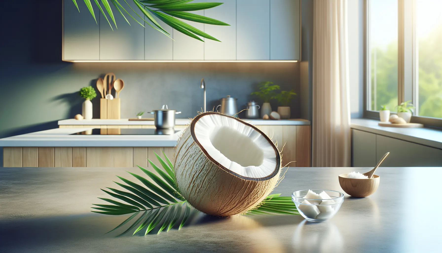 halved Barnaby coconut on a modern kitchen counter.