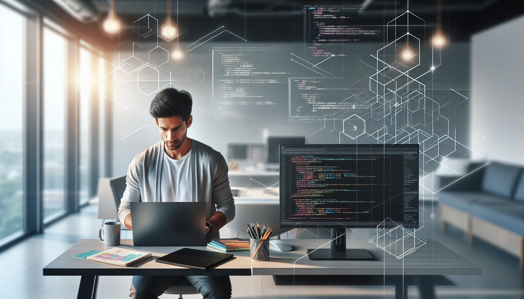 software engineer debugging code in a modern office