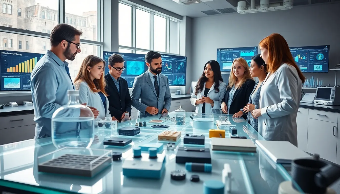 diverse professionals collaborating in a modern lab on Carlsb58 technology.