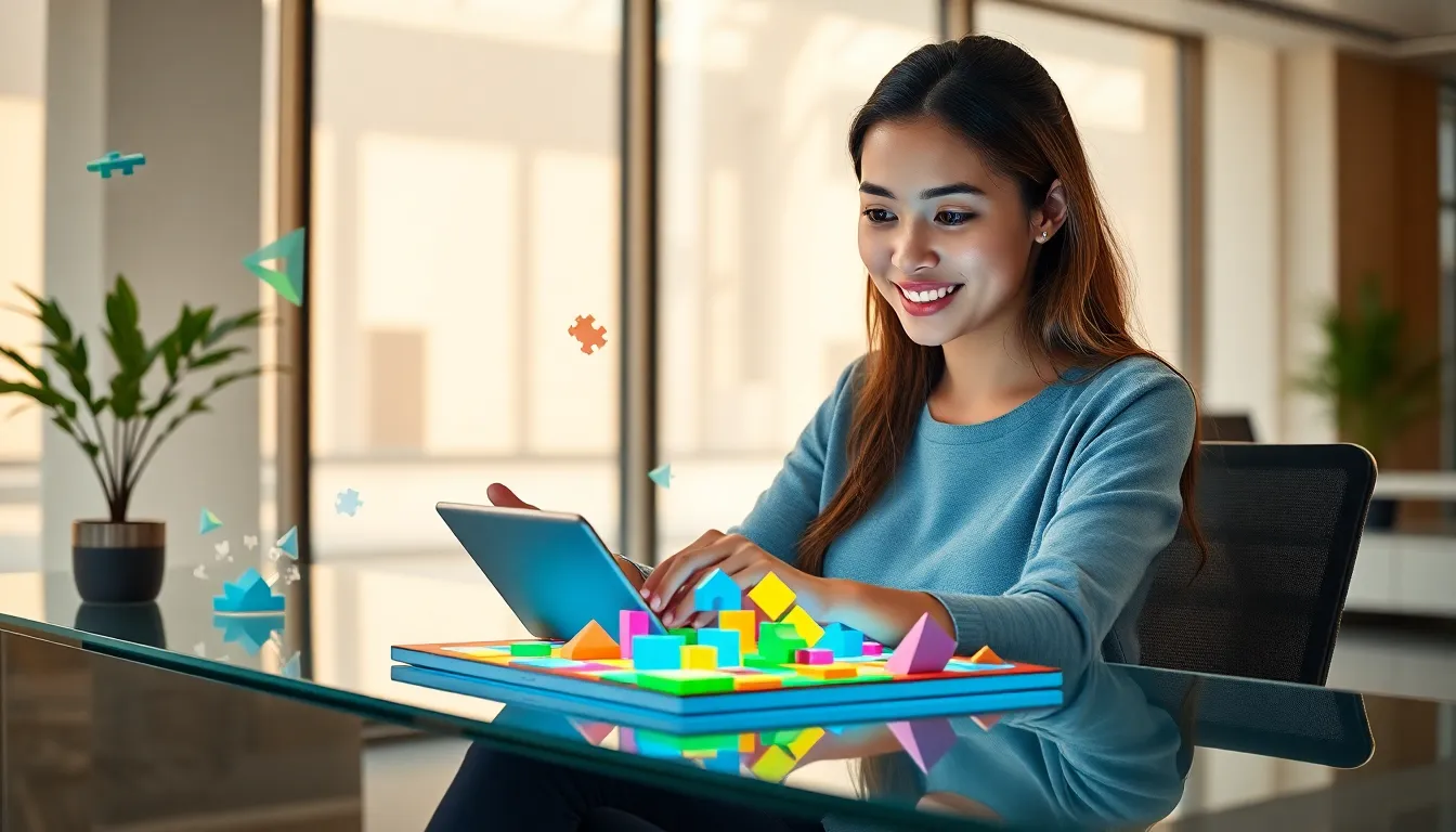 woman playing a 3D puzzle game in a modern office.