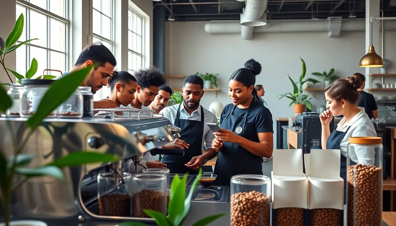diverse baristas in a modern coffee roastery preparing coffee.