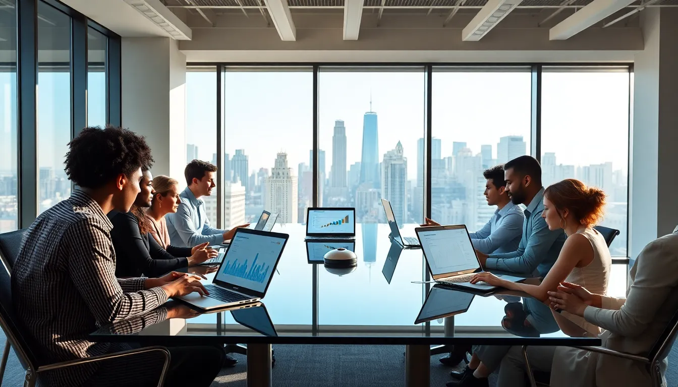 diverse professionals collaborating in a modern office for remote work.