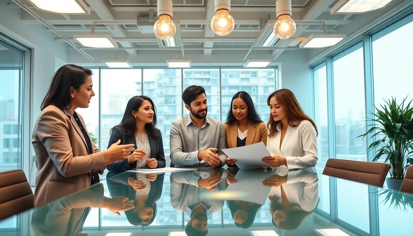 diverse team collaborating in a bright, modern workspace with LED lighting.