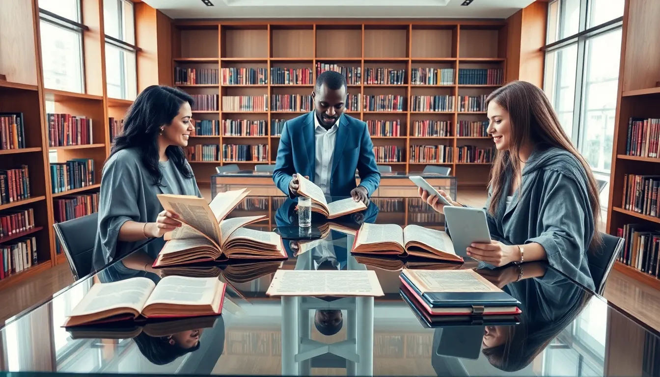 diverse scholars discussing Wyrkordehidom in a modern library.