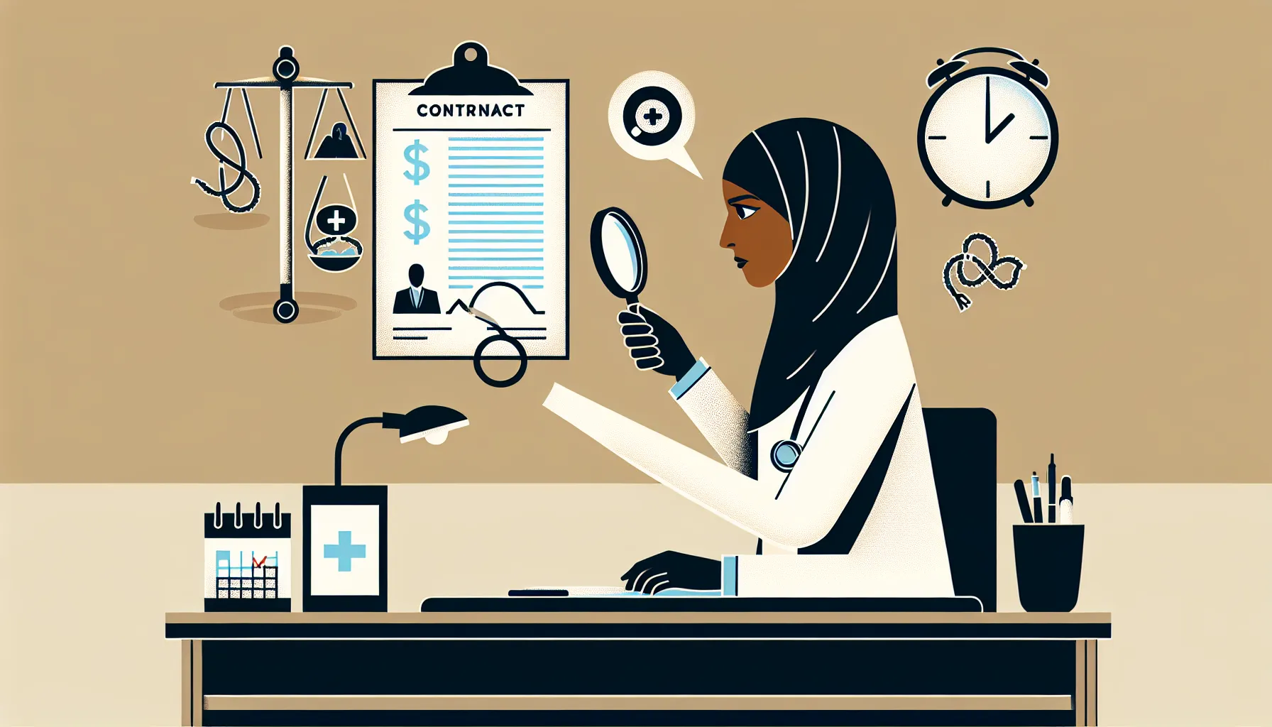 Veterinarian examining a contract with magnifying glass and Maryland map of Maryland Veterinary Contract Review.