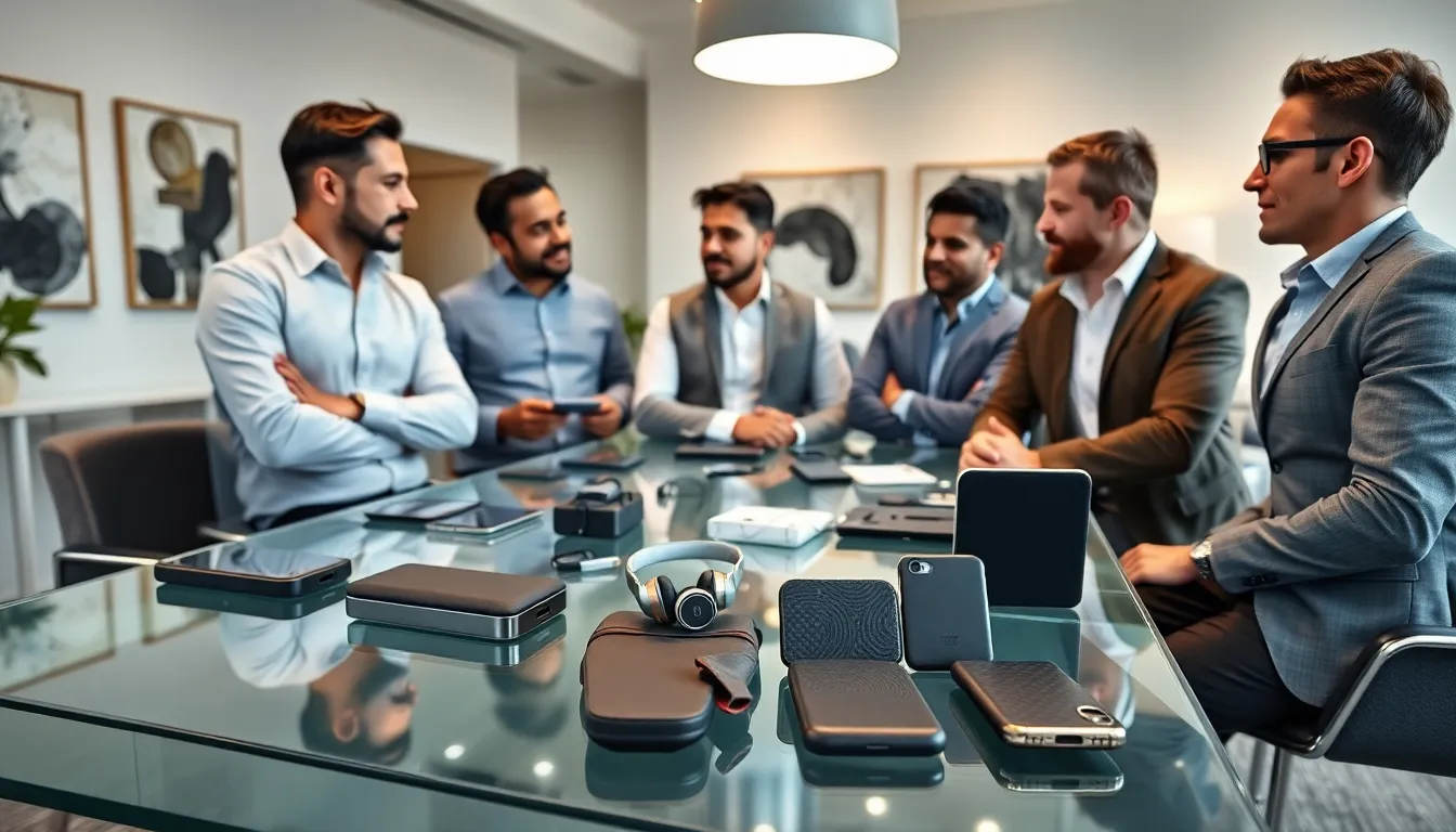 diverse men discussing modern tech accessories in a stylish office.