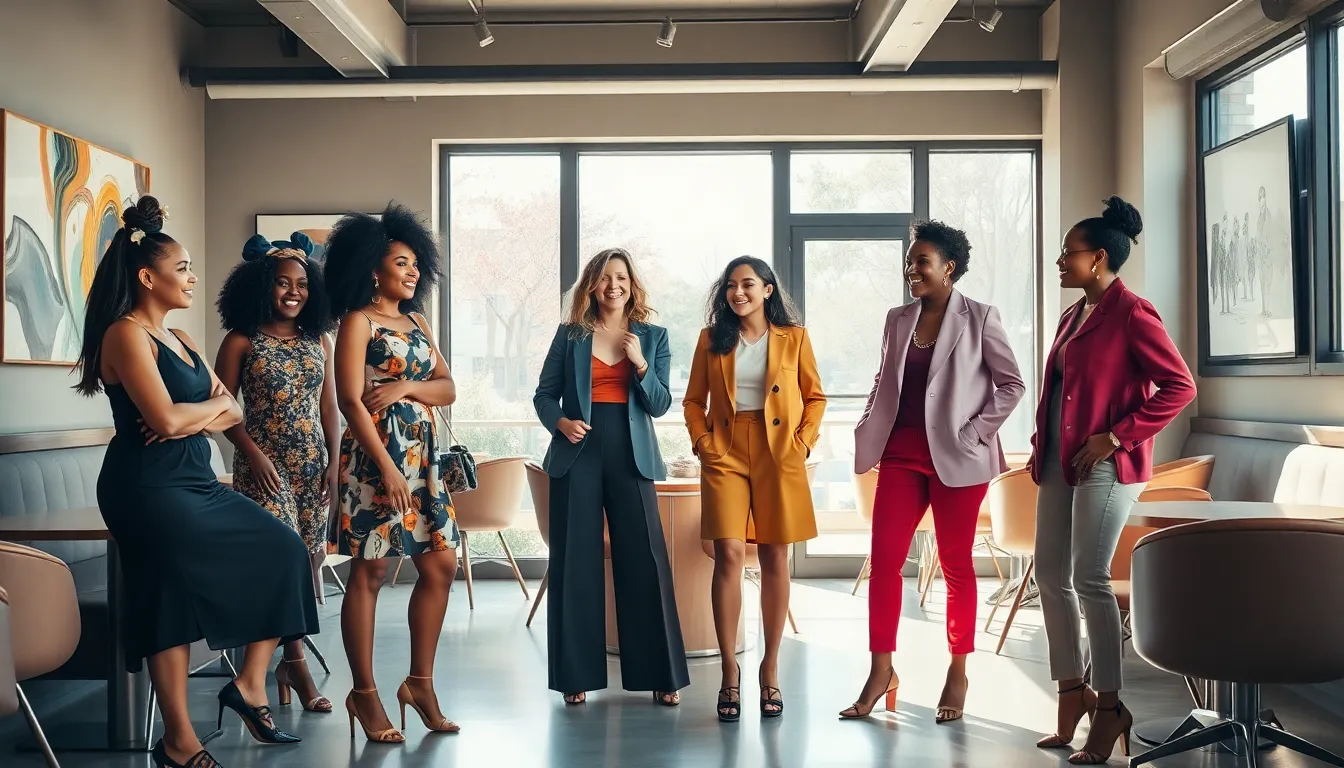 diverse group of petite individuals in a trendy café setting.