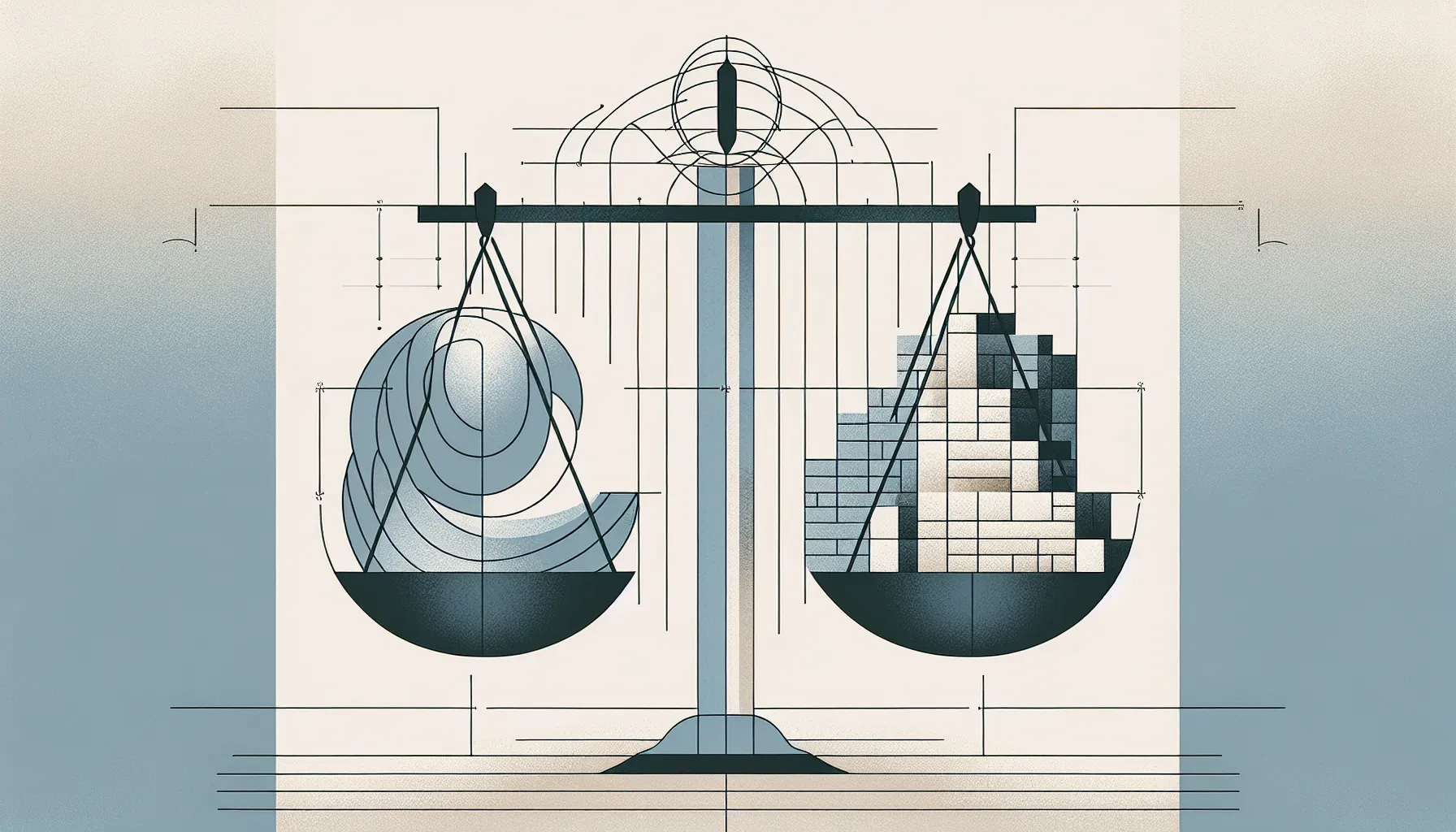Balance scale with stone blocks and wave, symbolizing tradition versus progress