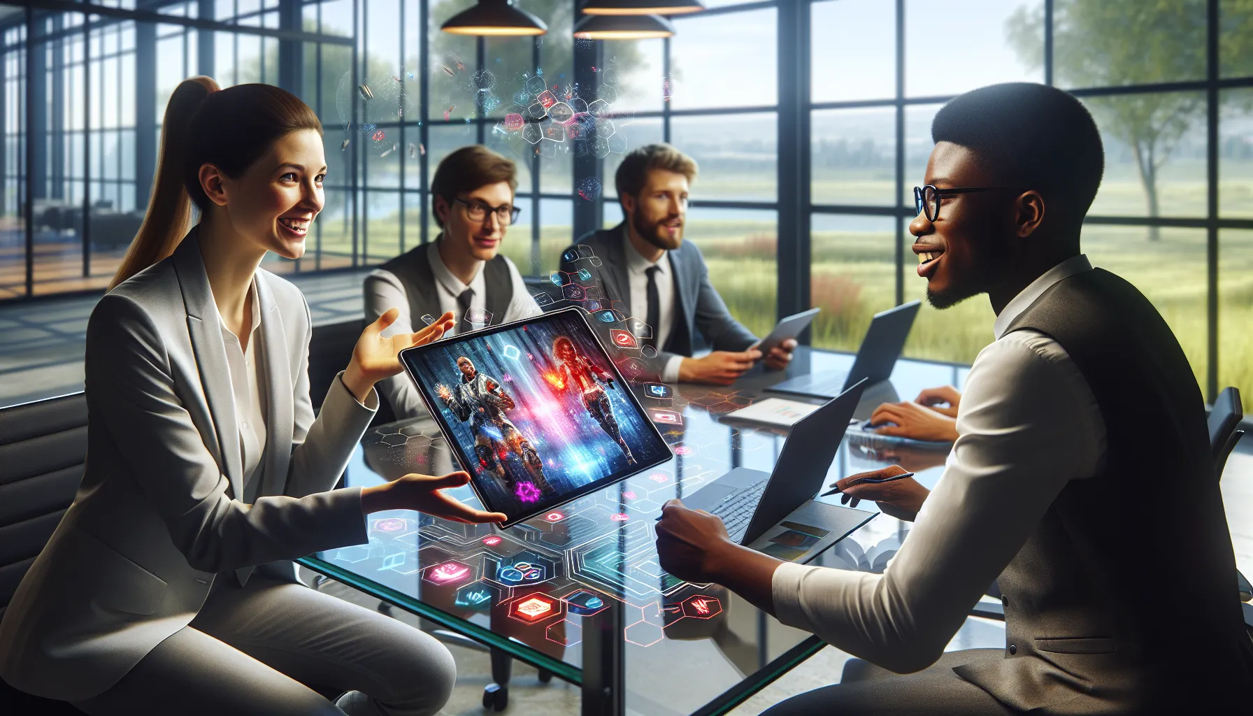 diverse team discussing portable gaming trends in a modern office.