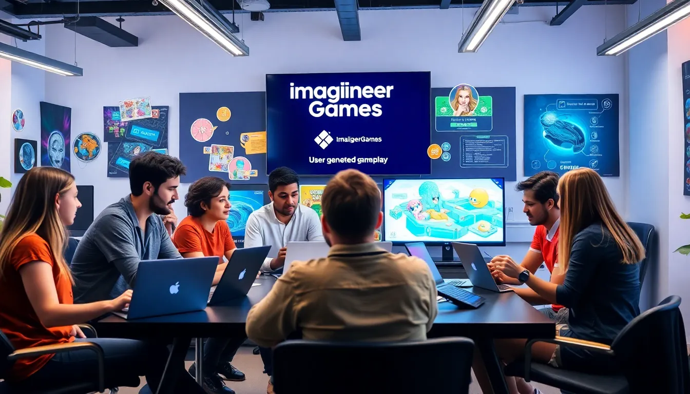 diverse team collaborating on creative game design in a modern studio.