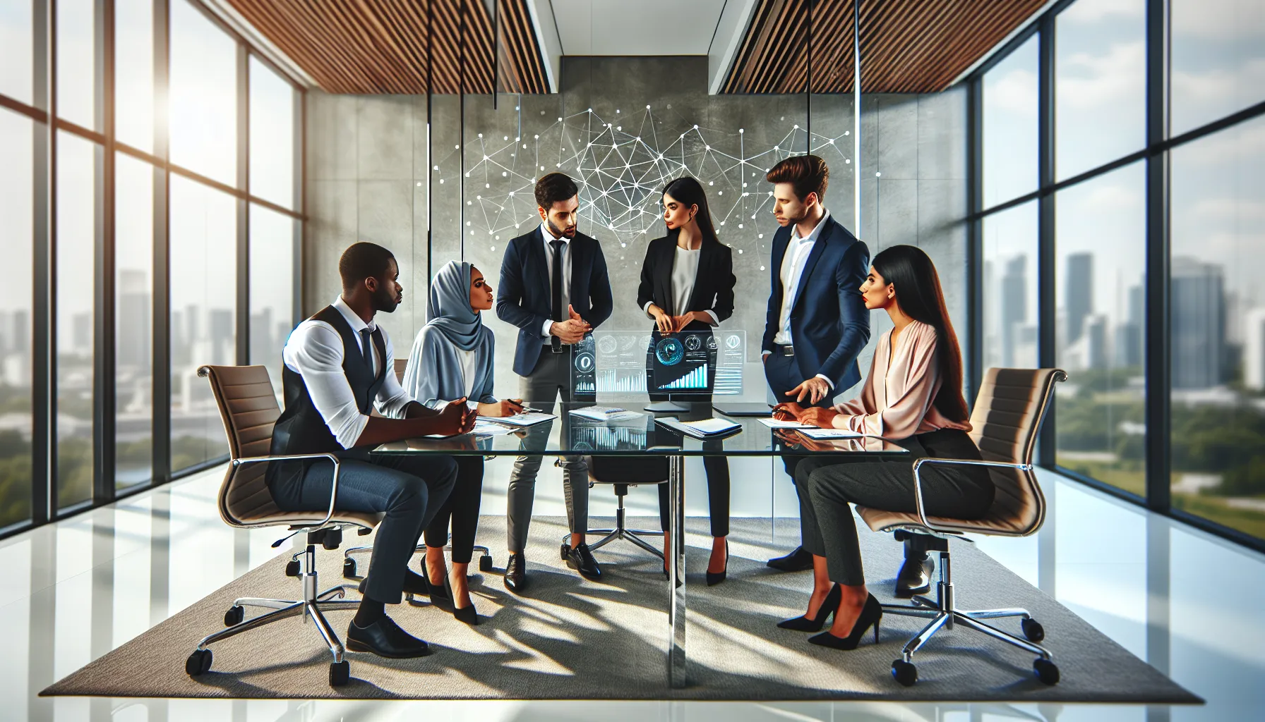 diverse team discussing numbers in a modern office setting.