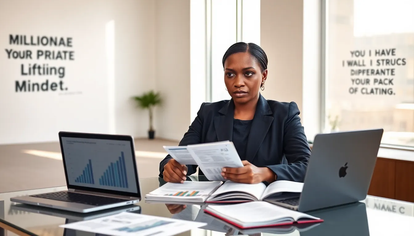 a professional woman illustrating the millionaire mindset in a modern office.