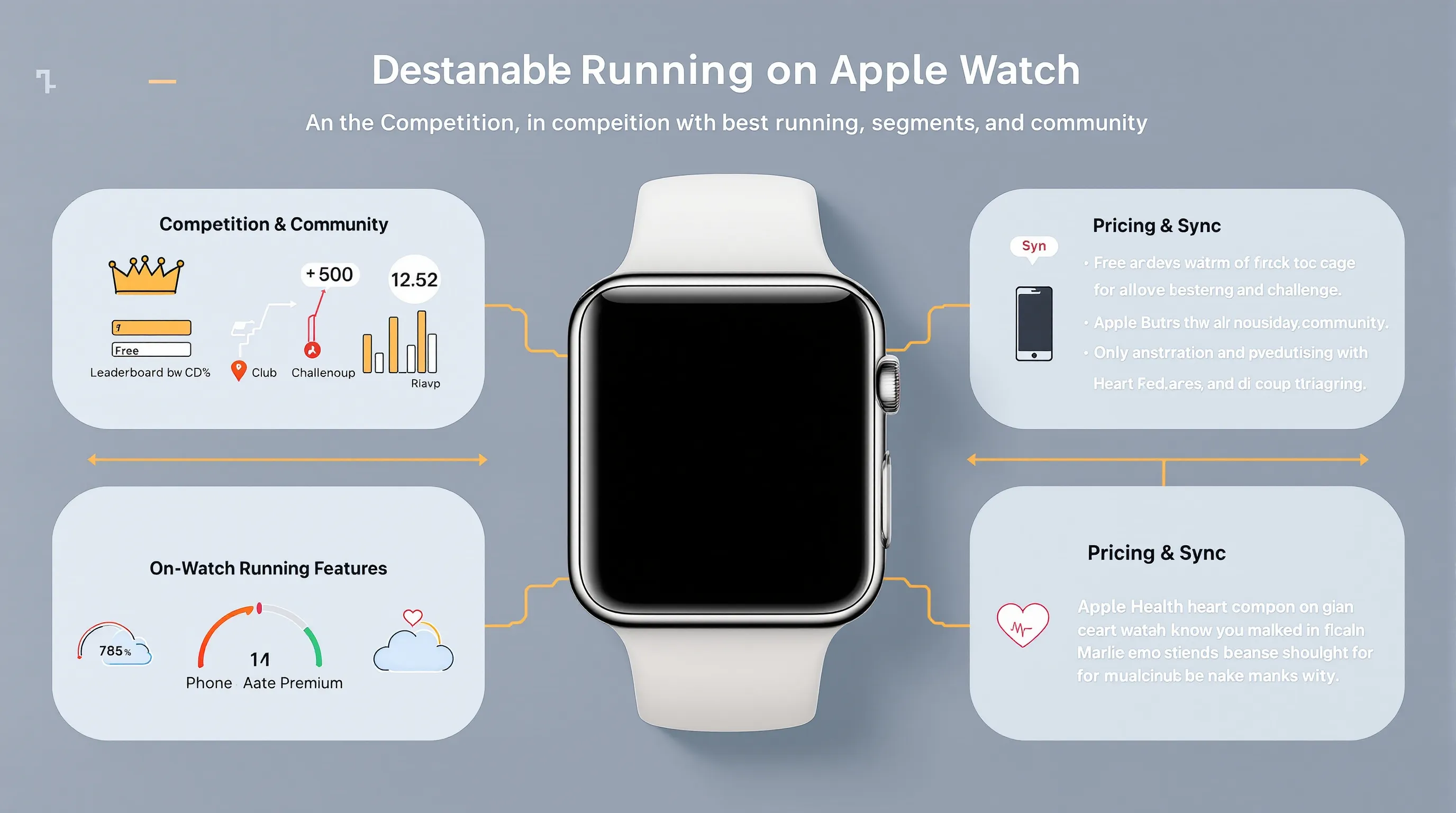 Apple Watch hub infographic showing segments, social, features, and sync for runners.
