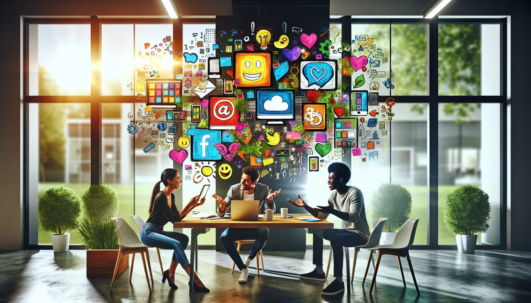 diverse team brainstorming in a modern office about social media trends.