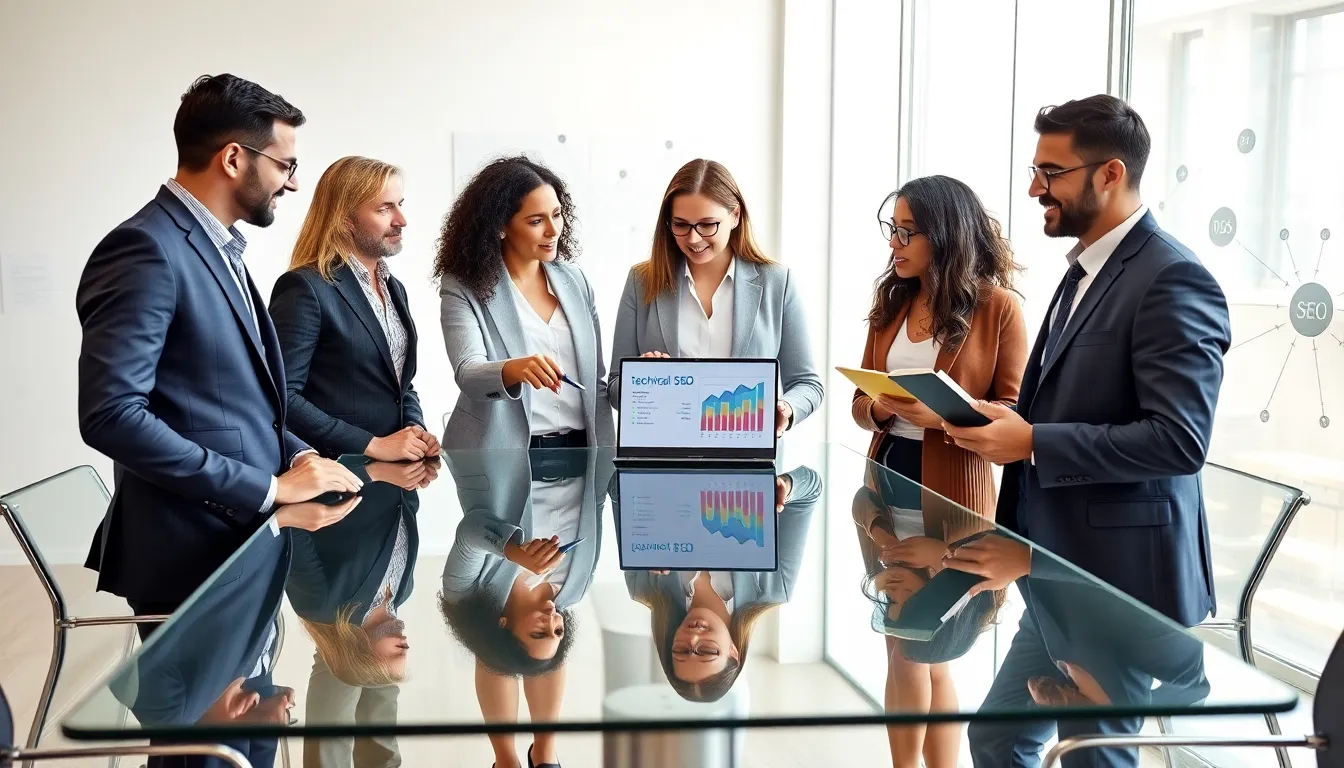 diverse team discussing technical SEO metrics in a modern office.