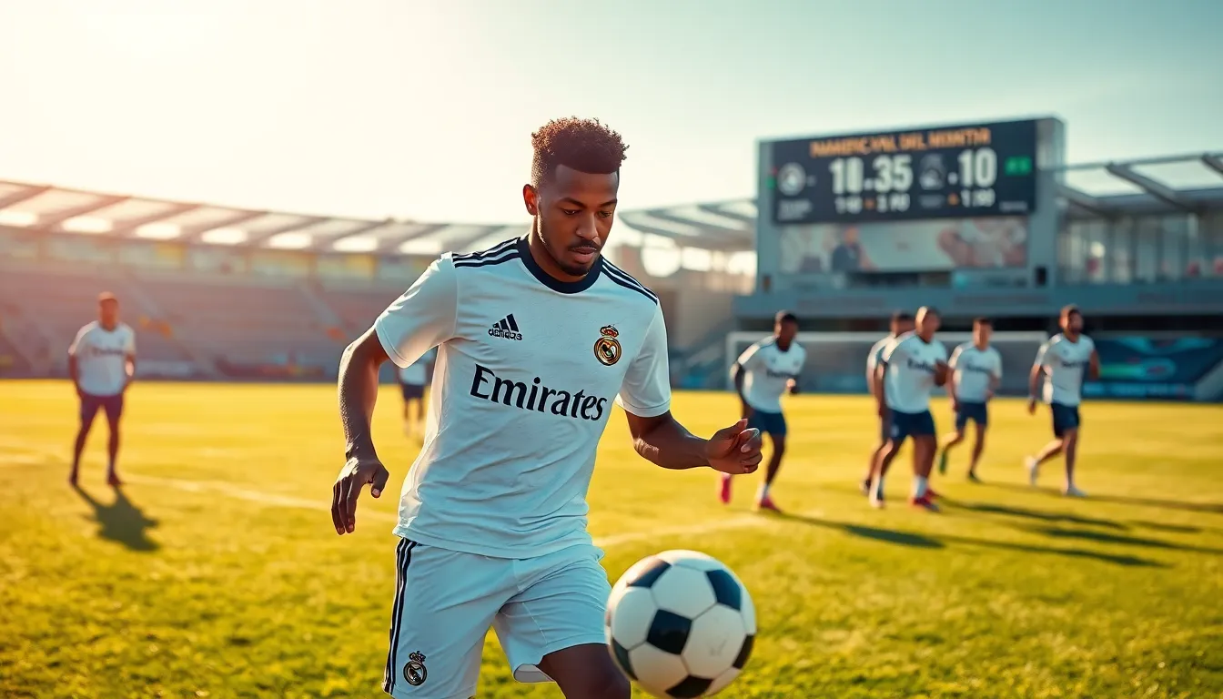 Jude Bellingham dribbling a football on a training pitch with teammates.