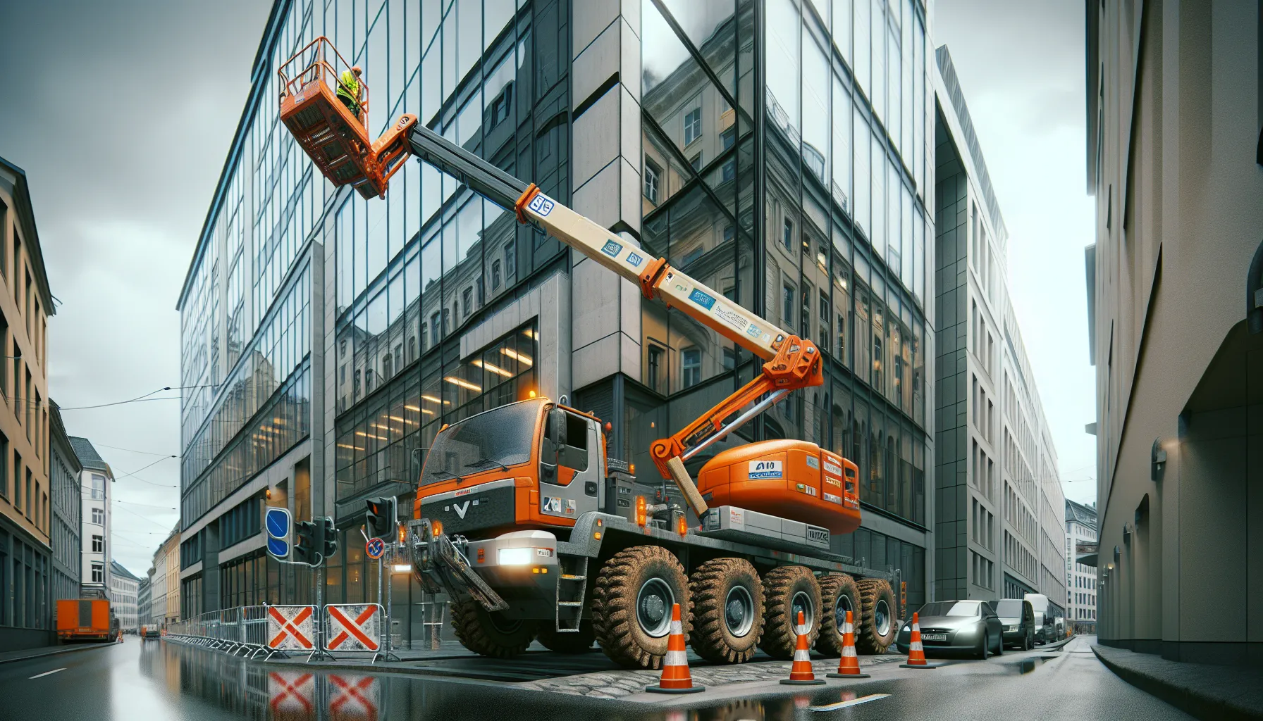 Truck-mounted boom lift working on tall glass office in narrow norwegian street.