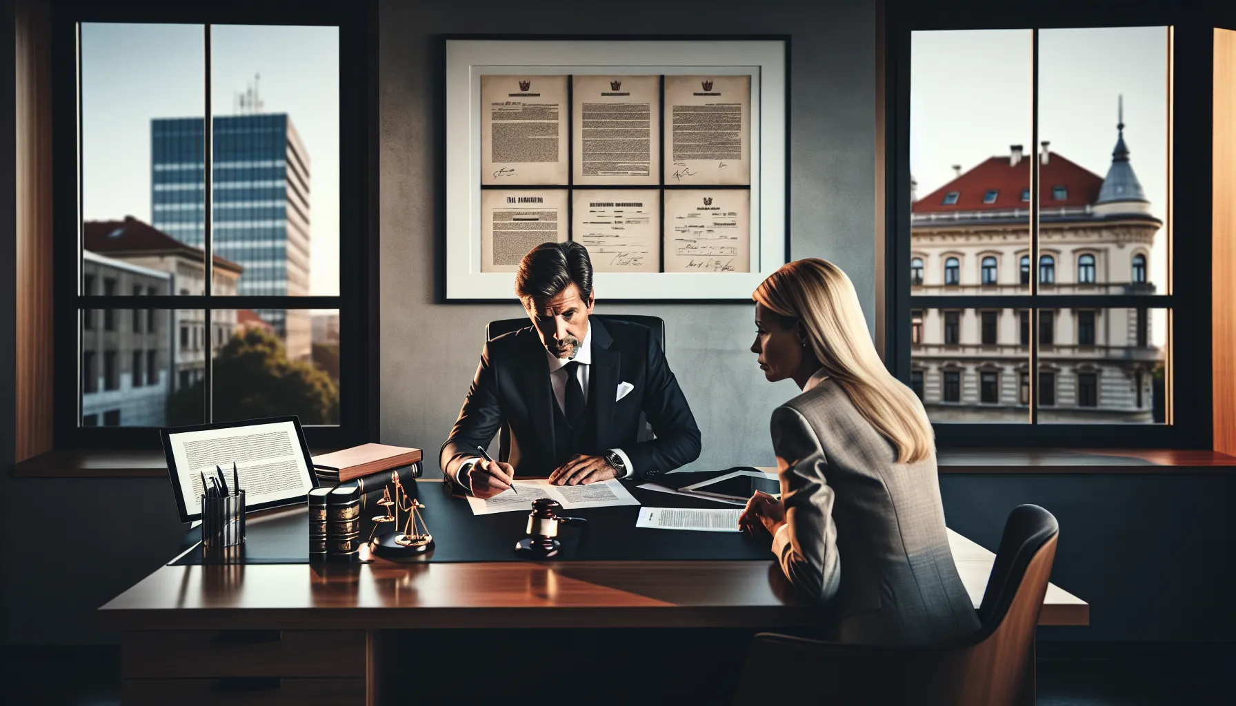 Croatian lawyer consulting couple about property inheritance and divorce laws