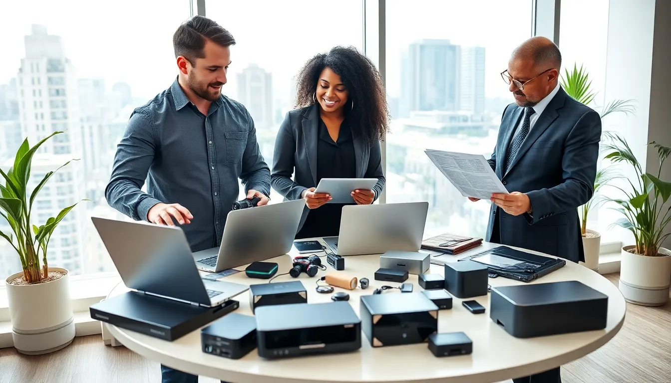 a diverse team collaborating in a modern office on hardware solutions.