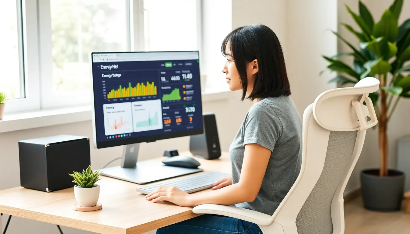woman using LotsOfPower.Net on a computer in a bright workspace.