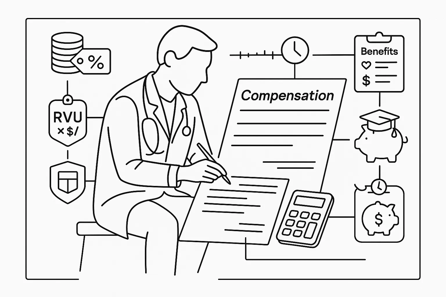 Physician assistant reviewing a compensation contract with pay and benefits icons.
