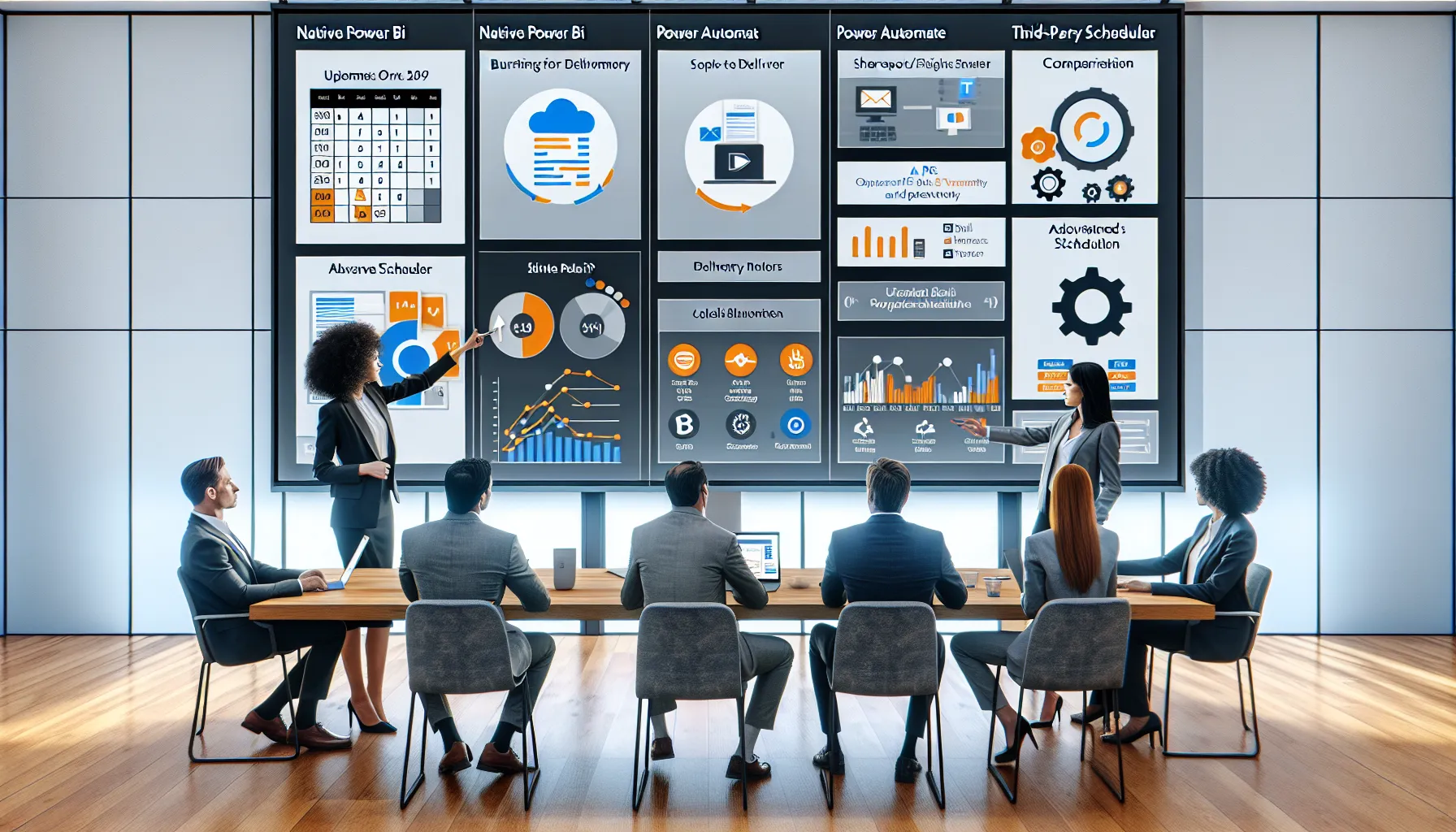 Business team evaluating Power BI report scheduling options on a large screen in office.