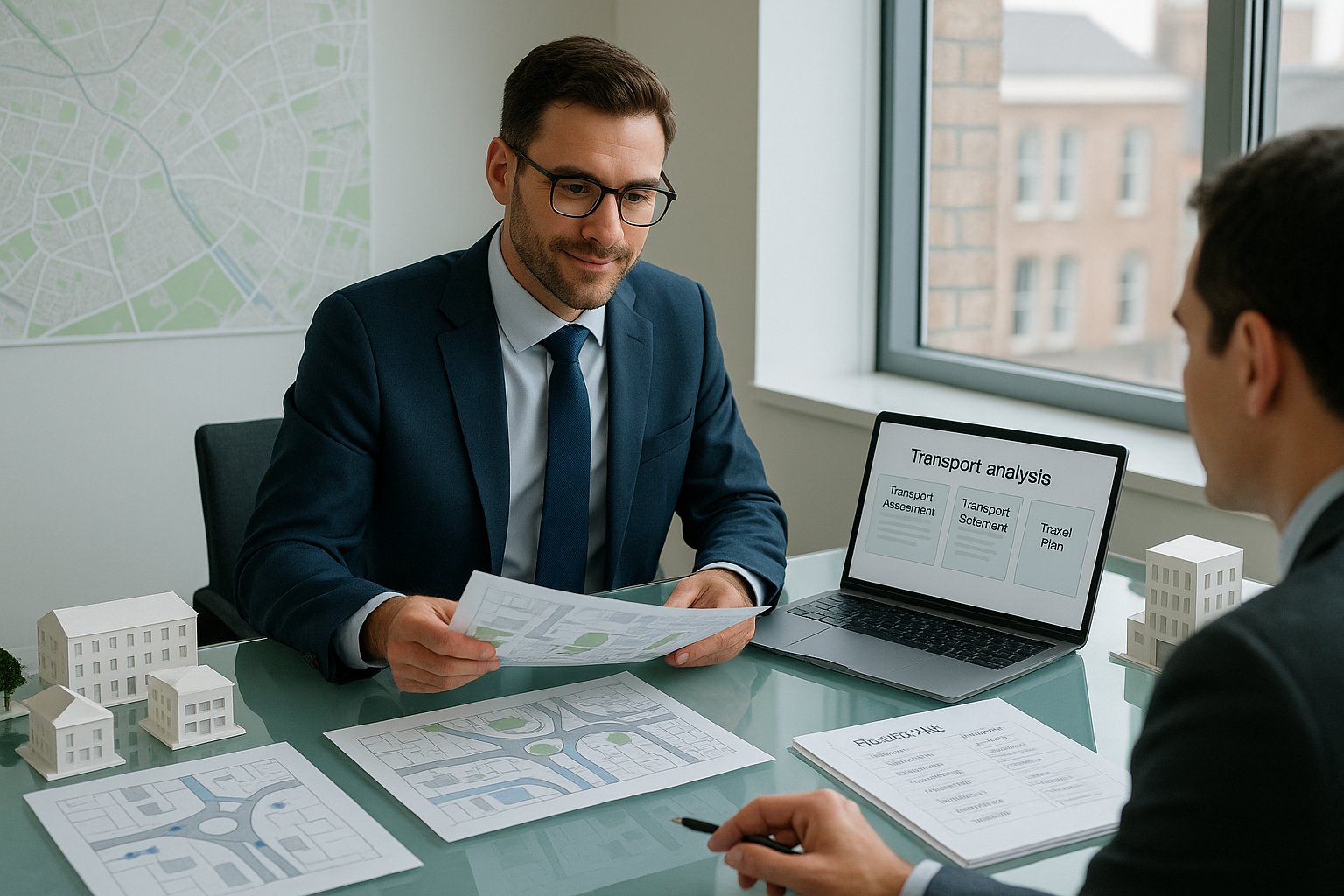 Transport consultants reviewing development plans and traffic reports in a modern office.