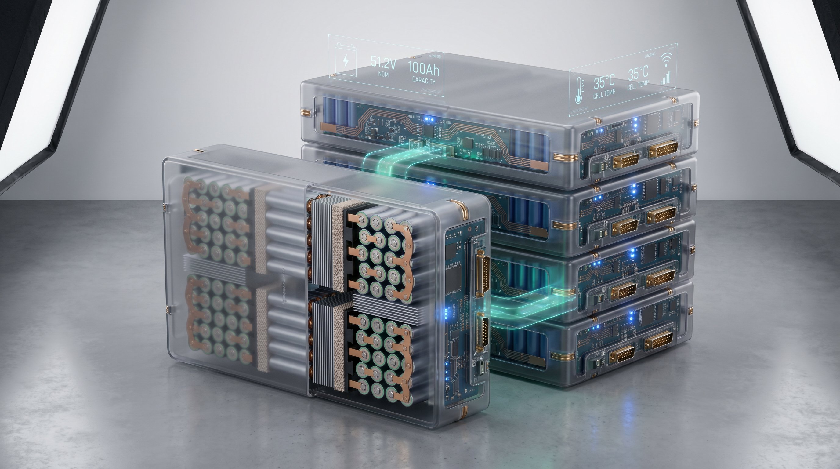 3D render of stackable modular battery storage units with transparent internal components and glowing connections.