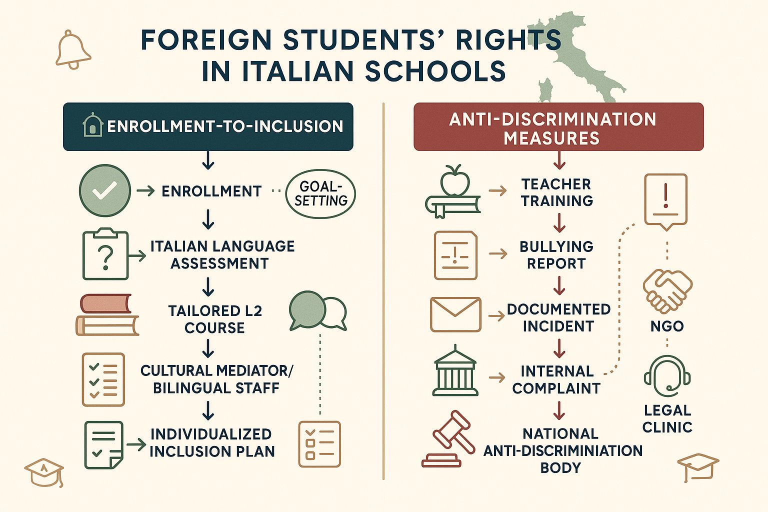 Infografica di flusso dell'iscrizione degli studenti, supporto linguistico e passi anti-discriminazione in Italia.