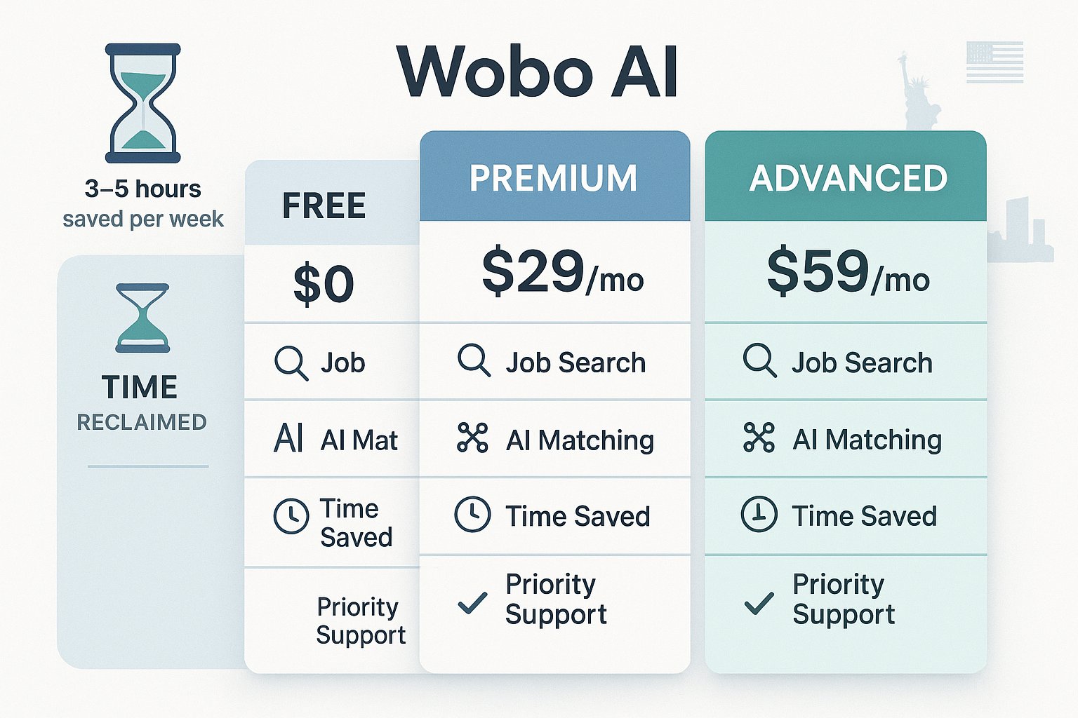 Three-tier pricing comparison chart for Wobo AI job search platform with features and time-saving benefits.