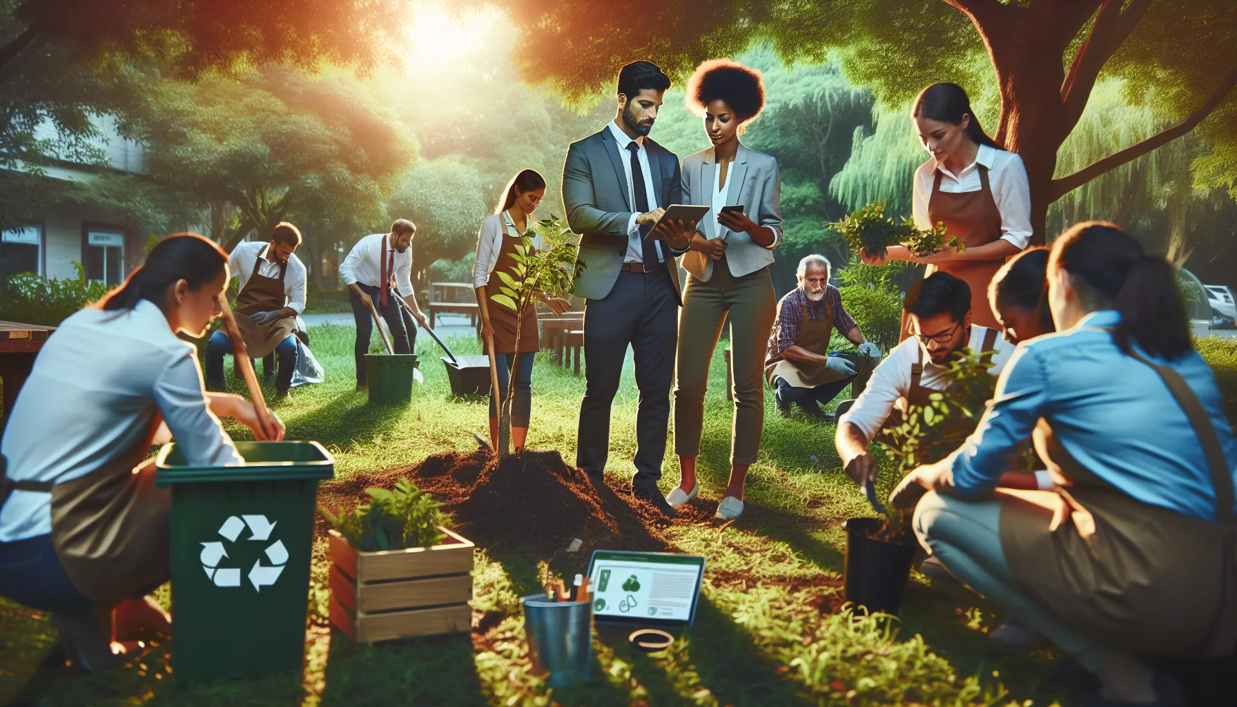diverse volunteers participating in a nature conservation project in a park.
