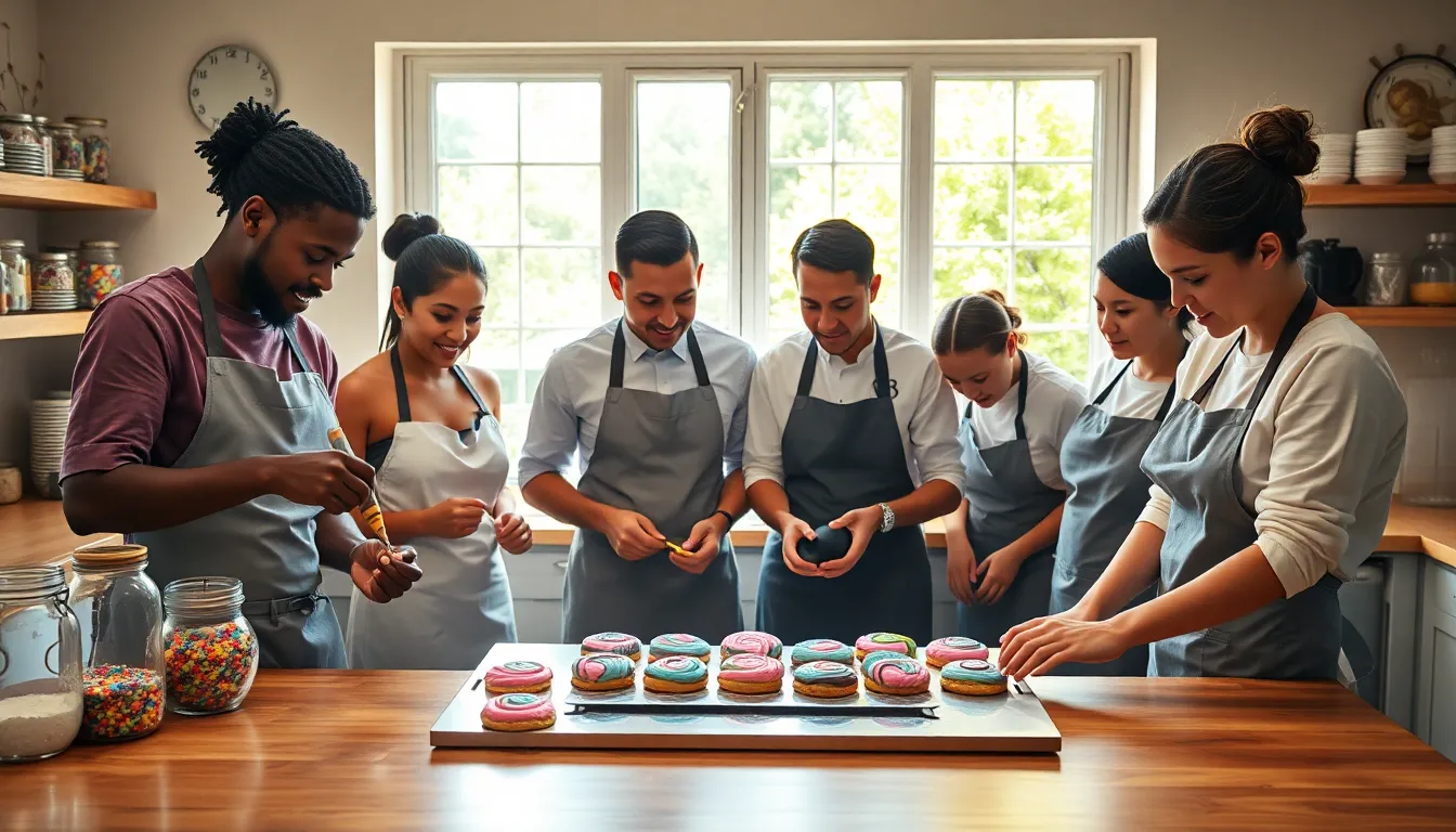 bakers creating colorful nebula-themed cookies in a cozy kitchen.