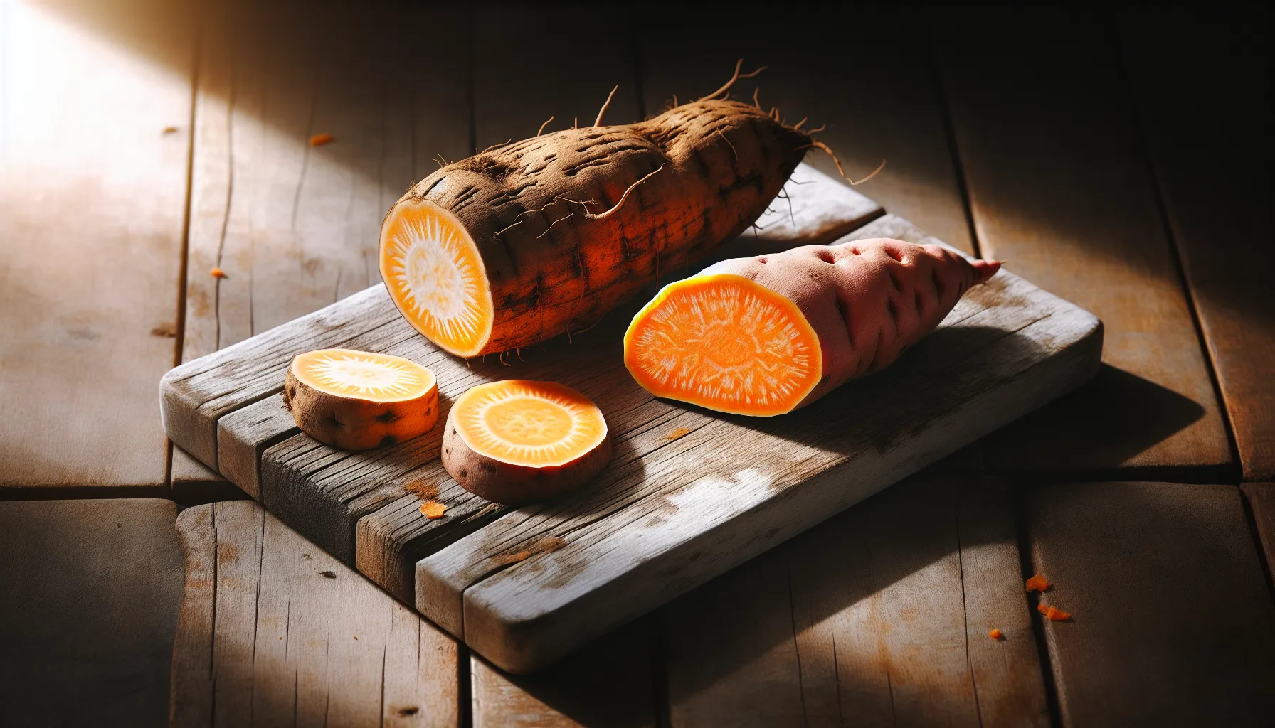 A yam and a sweet potato on a wooden cutting board, halved to show interiors.