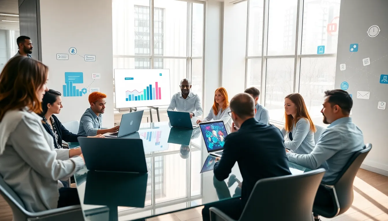 diverse team collaborating in a modern workspace.