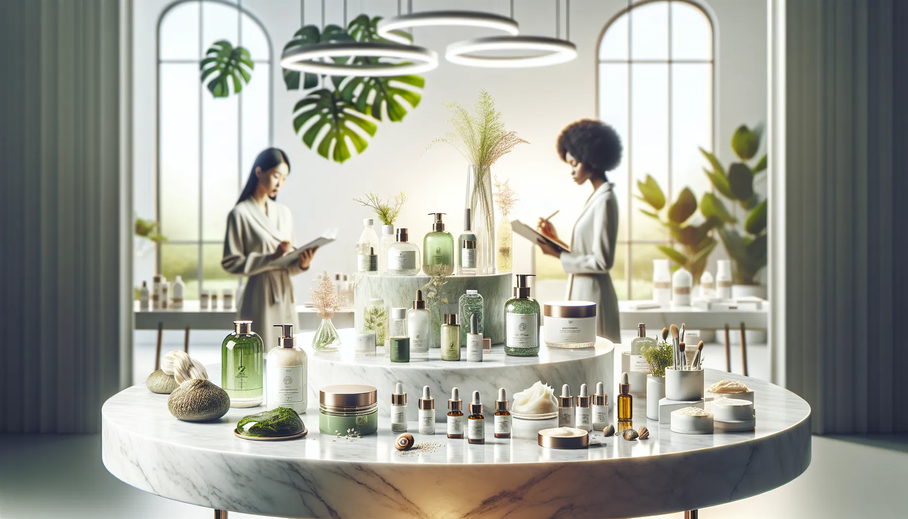 diverse professionals discussing Korean beauty products on a marble countertop.