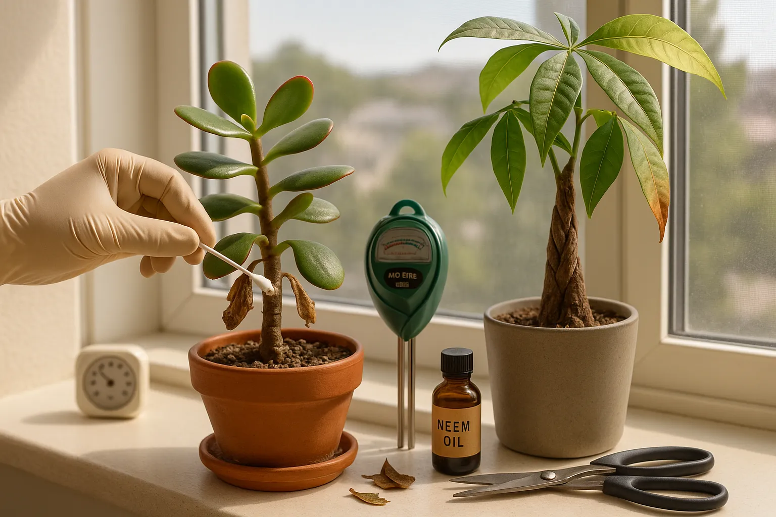 close-up of jade and money tree on a windowsill with pest treatment tools