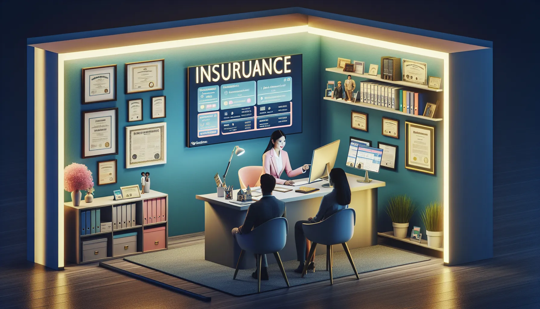 An insurance advisor consulting a couple in an office space.
