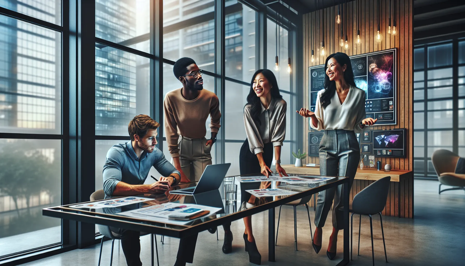 diverse team collaborating in a modern workspace.