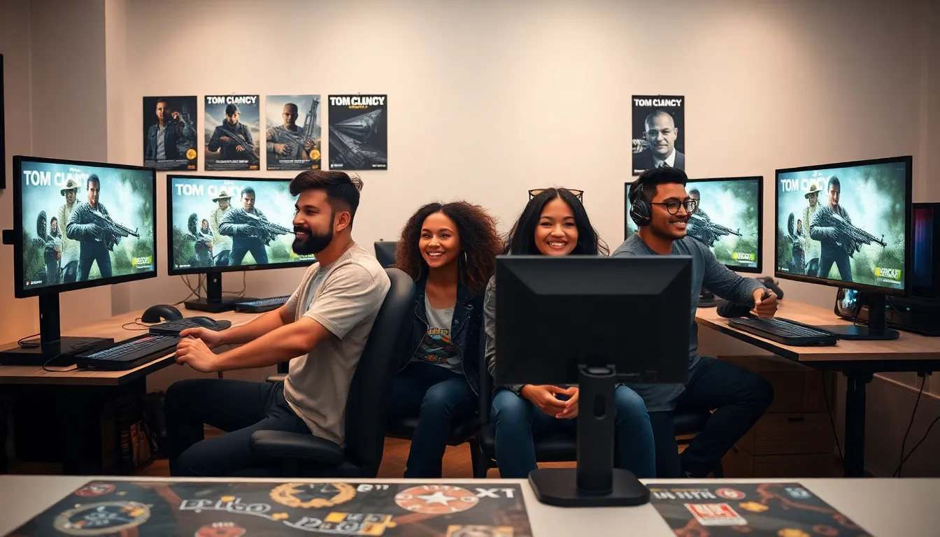 diverse gamers engaged in Tom Clancy games in a modern gaming setup.