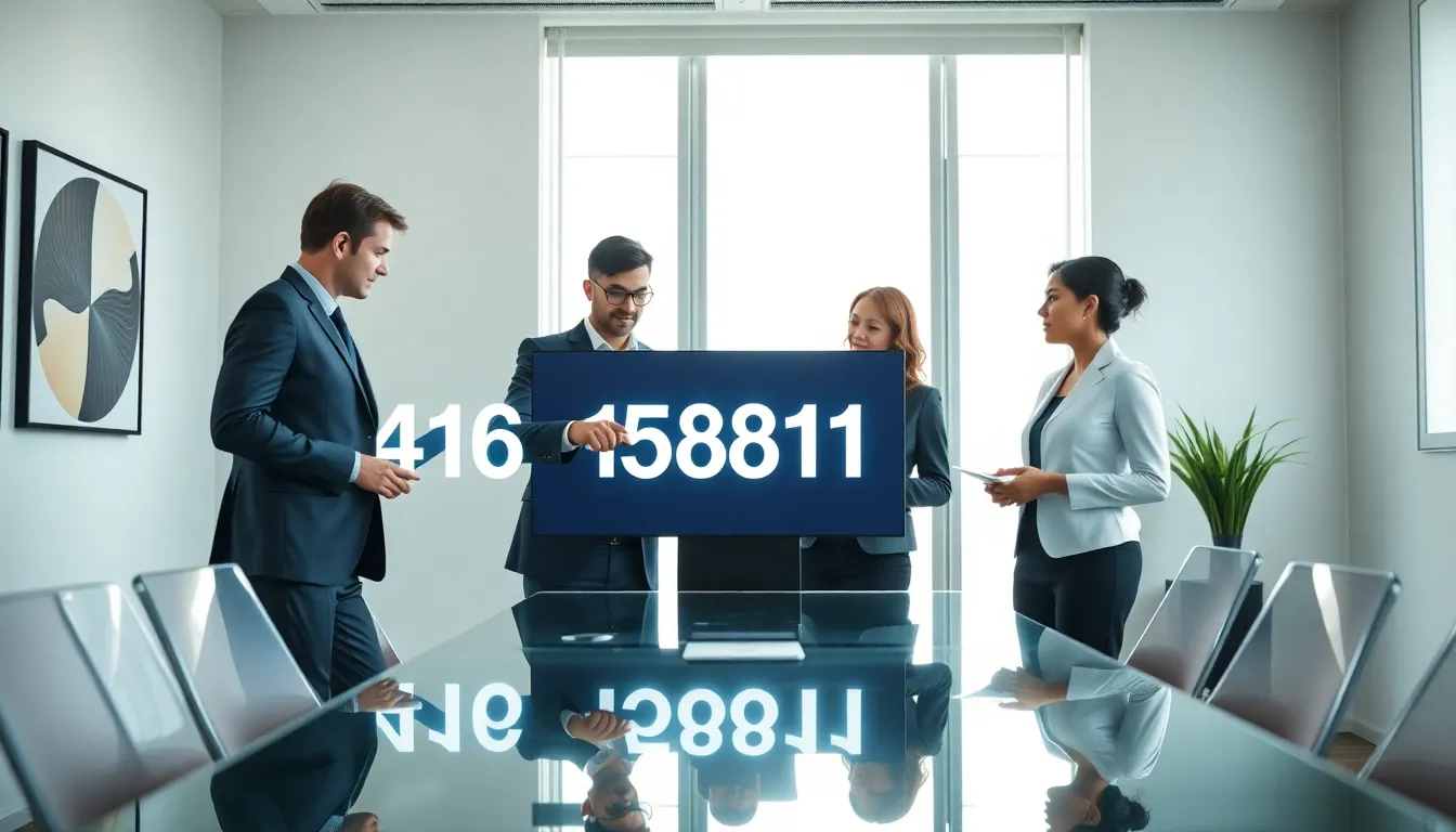 diverse team analyzing a significant number in a modern office.