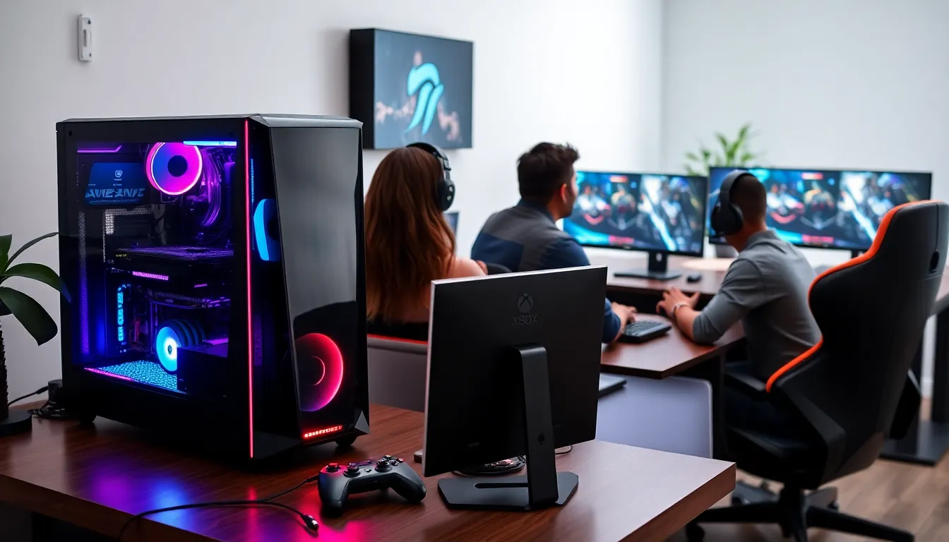 diverse gamers engaged around a high-performance Intel gaming PC.
