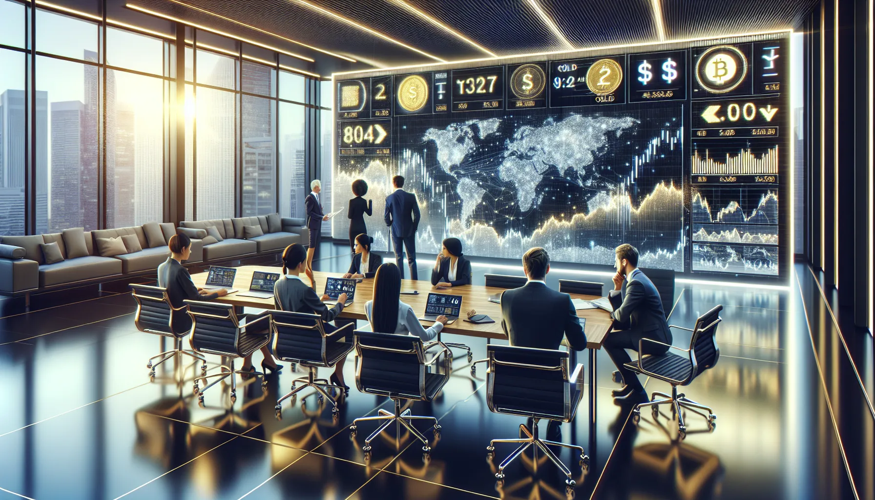 professionals discussing gold values in a modern finance setting.