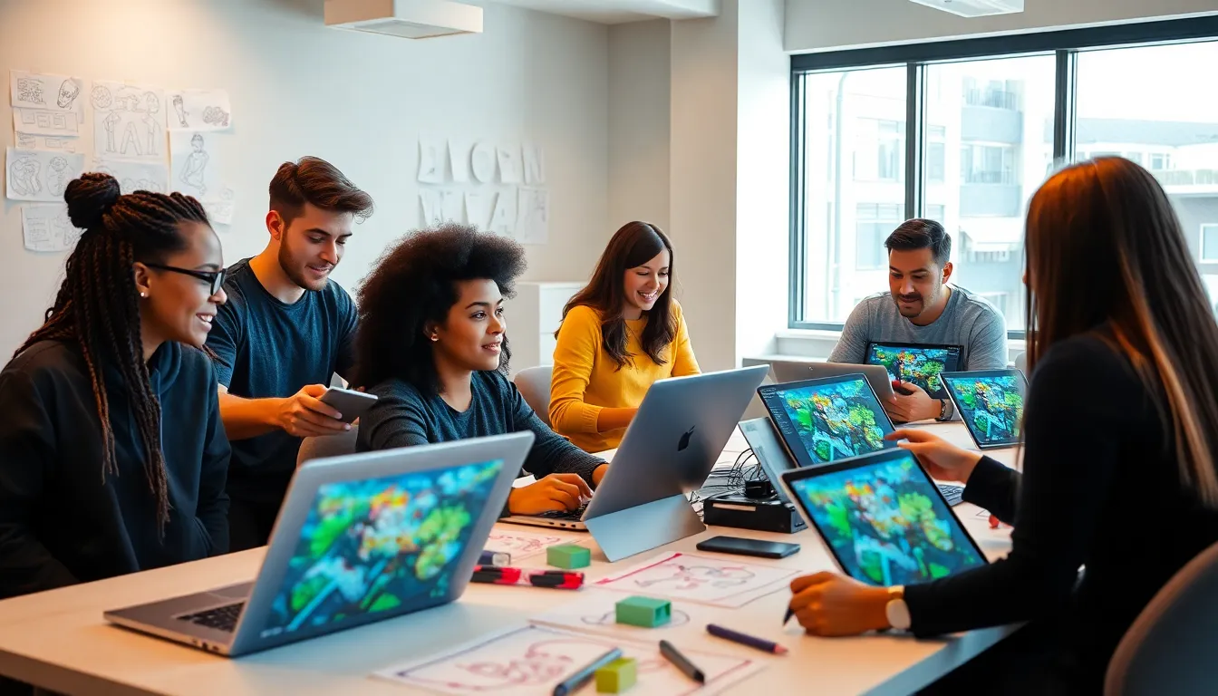 diverse team collaborating on game design in a bright office.